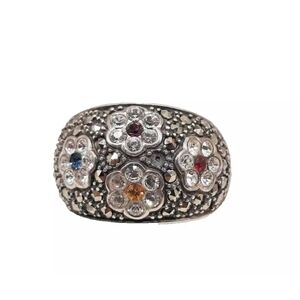 Sterling Silver Marcasite & Tiny Gemstone Flower Ring,  Size 6.75